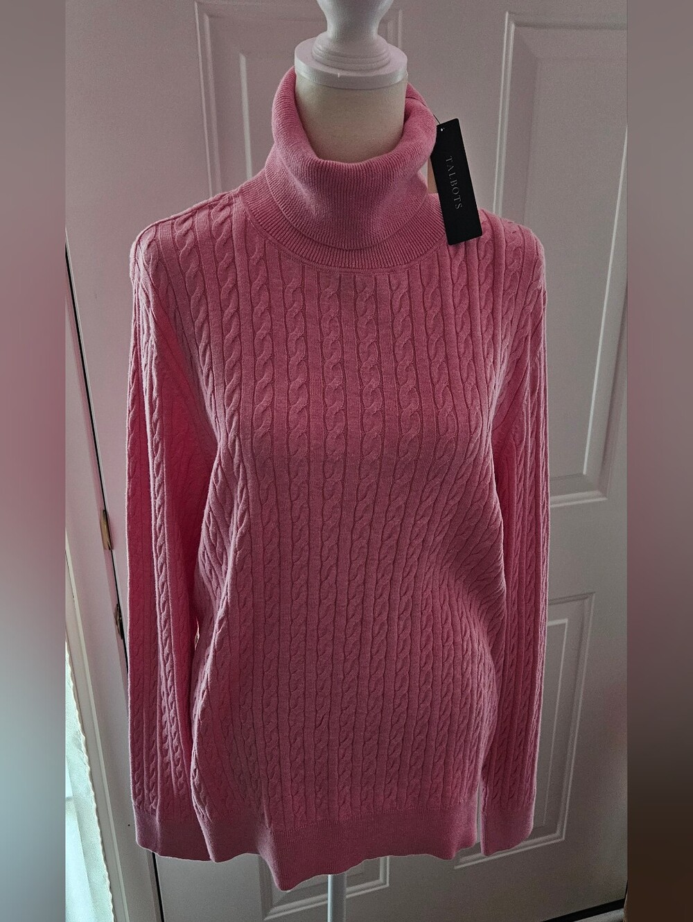 NWT- Talbots Pink Cable Knit Turtleneck Sweater,Ribbed Turtle Neck/Cuffs-Size XL